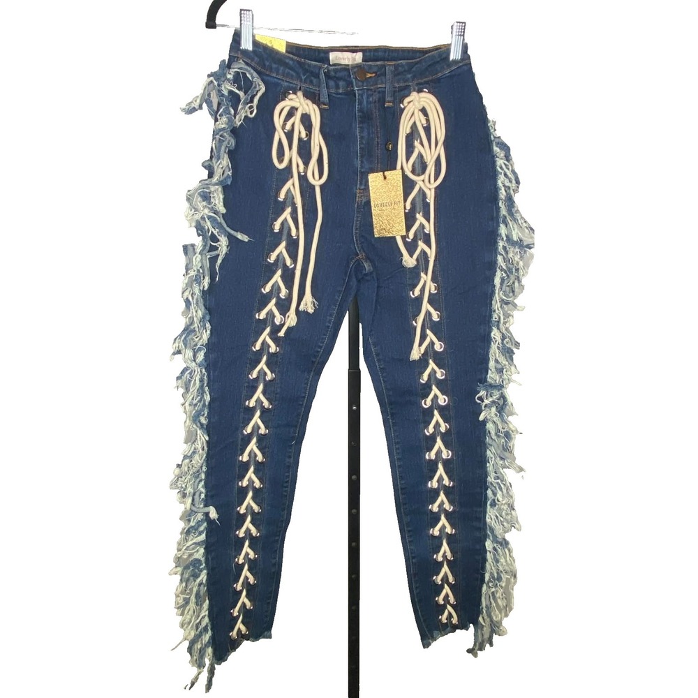 Loverly Fit jeans women's size 9 dark wash Fringe front‎ tie straight High Rise